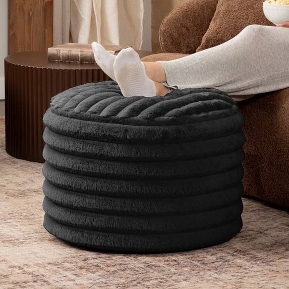 Jaxx Paran Pouf Ottoman, Small, Faux Fur, Modern Accent, Black