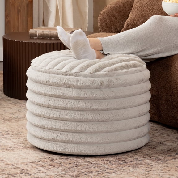 Jaxx Paran Pouf Ottoman, Small, Faux Fur, Modern Accent, Grey