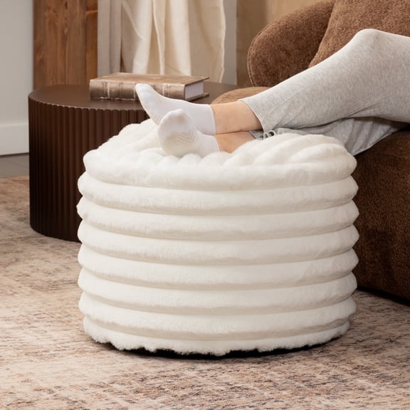 Jaxx Paran Pouf Ottoman, Small, Faux Fur, Modern Accent, Ivory