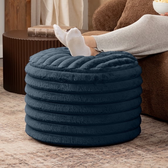 Jaxx Paran Pouf Ottoman, Small, Faux Fur, Modern Accent, Midnight Blue