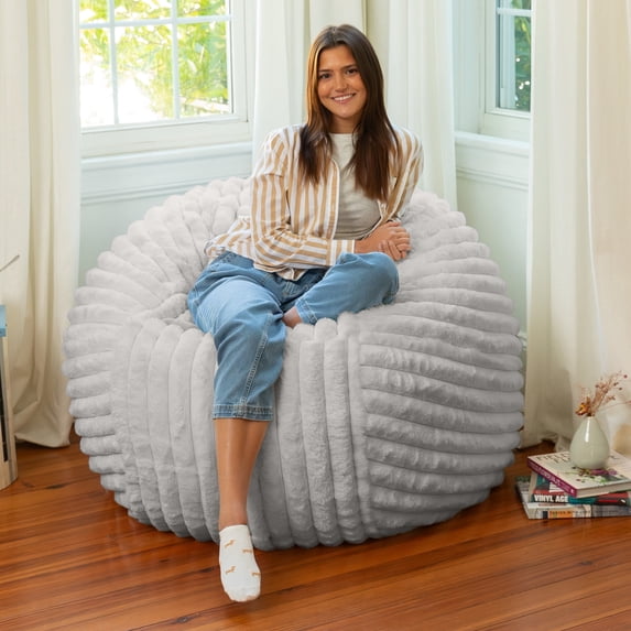 Jaxx Saxx 4ft - Large Round Bean Bag for Adults - Made in the USA - Luxuriously Soft Plush Faux Fur, Grey