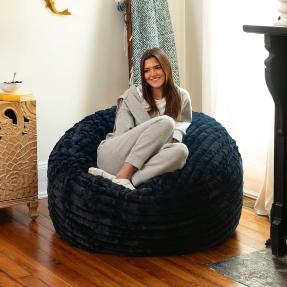 Jaxx Saxx 4ft - Large Round Bean Bag for Adults - Made in the USA - Luxuriously Soft Plush Faux Fur, Midnight Blue