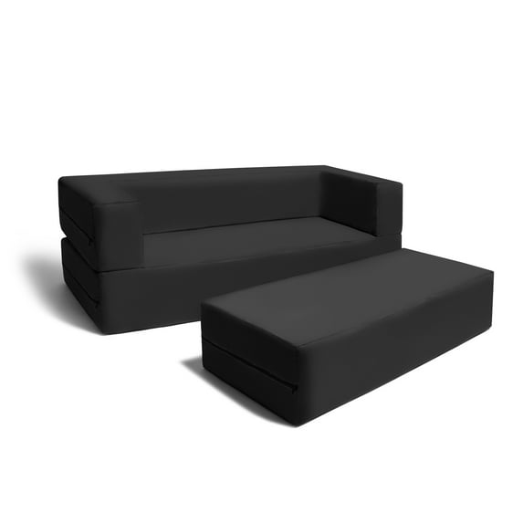 Jaxx Zipline Big Kids Modular Sofa & Ottoman, 3 in 1 Fold Out Sofa Furniture Set, Microsuede Black