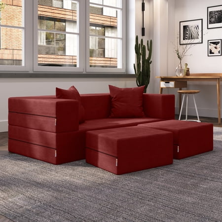 Jaxx Zipline Convertible Sleeper Loveseat & Ottomans, Textured Microvelvet - Berry Red