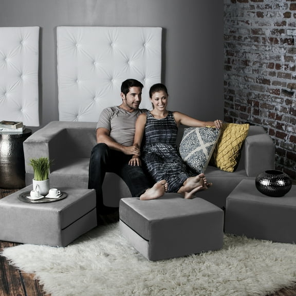 Jaxx 16839712 Zipline Textured Microvelvet Convertible Sleeper Sofa, Three Ottomans & California King Size Bed - Dove Grey