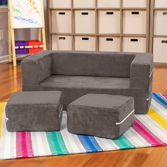 Jaxx Zipline Kids Modular Loveseat & Ottomans/Fold Out Lounger, Charcoal