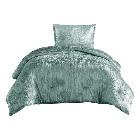 Jay 2 Piece Twin Comforter Set, Polyester Velvet Deluxe Texture, Green- Saltoro Sherpi