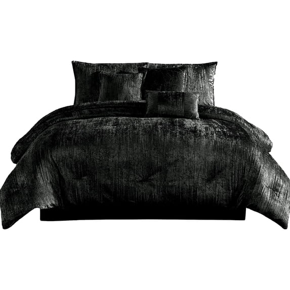 Jay 7 Piece King Comforter Set, Polyester Velvet, Deluxe Texture Black- Saltoro Sherpi