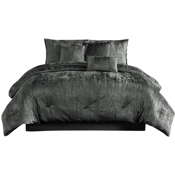 Jay 7 Piece King Comforter Set, Polyester Velvet, Deluxe Texture, Gray- Saltoro Sherpi