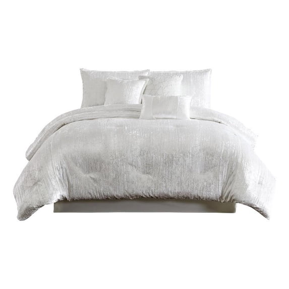 Benjara Jay 7 Piece King Comforter Set- Polyester Velvet Deluxe Texture- White
