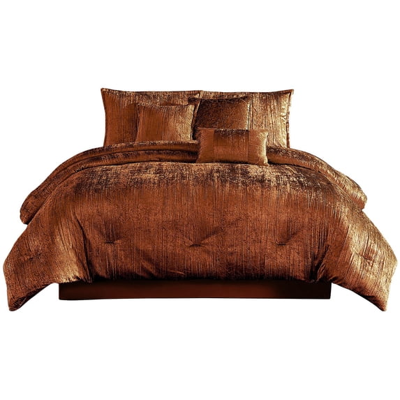 Jay 7 Piece Queen Comforter Set, Polyester Velvet, Deluxe Texture Copper- Saltoro Sherpi