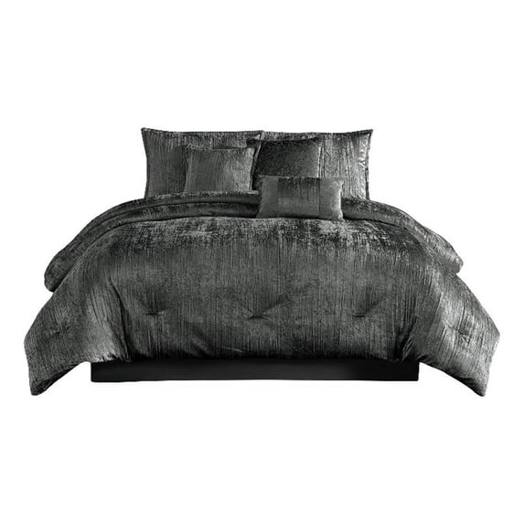 Benjara Jay 7 Piece Queen Comforter Set- Polyester Velvet Deluxe Texture- Gray