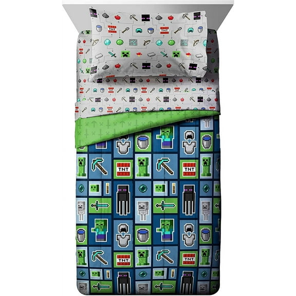 Jay Franco Minecraft Monster Hunters 4 Piece Twin Bed Set - Includes Reversible Comforter & Sheet Set - Bedding Features Creeper - Super Soft Fade Resistant Microfiber (Official Minec