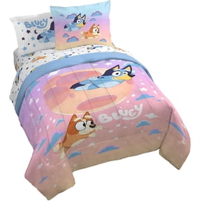 Jay Franco Bluey & Bingo Queen Comforter Set - 7 Piece Bedding Includes Sheet Set & Pillow Covers - Super Clouds & Stars Cozy Bedding