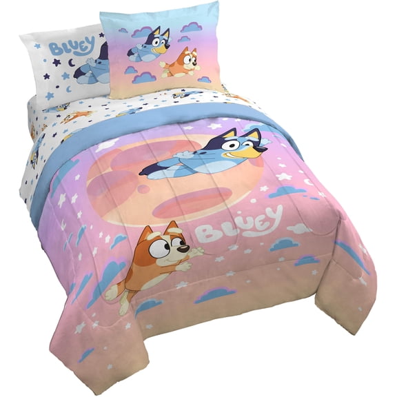 Jay Franco Bluey & Bingo Queen Comforter Set - 7 Piece Bedding Includes Sheet Set & Pillow Covers - Super Clouds & Stars Cozy Bedding