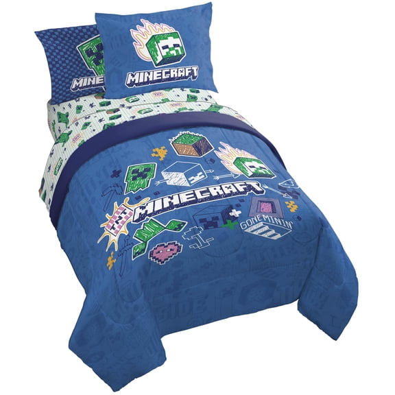 Jay Franco Kids Comforter Set Includes Sheets and Pillow Covers - Soft and Cozy Bed Set for Stylish Room Decor, Blue - Minecraft 02, 7 Piece Full Bedding