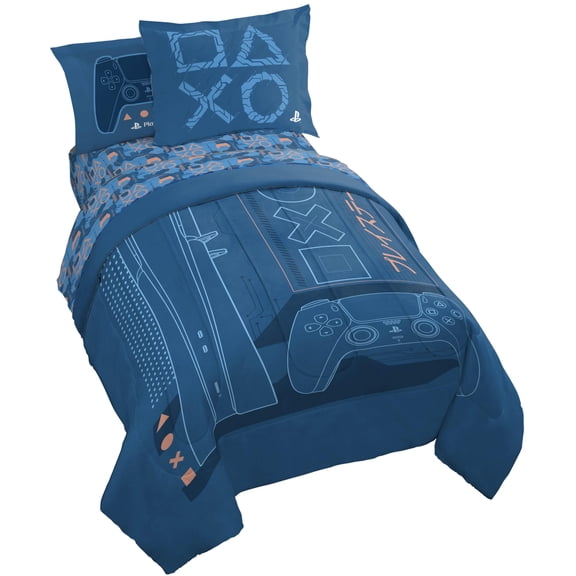 Jay Franco Kids Comforter Set Includes Sheets and Pillow Covers - Soft and Cozy Bed Set for Stylish Room Decor, Official Licensed Bedding, Blue - PlayStation, 5 Piece Twin