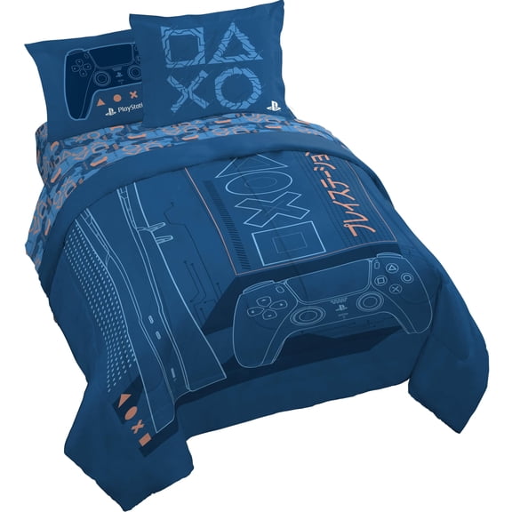 Jay Franco Kids Comforter Set Includes Sheets and Pillow Covers - Soft and Cozy Bed Set for Stylish Room Decor, Official Licensed Bedding, Blue - PlayStation, 7 Piece Queen