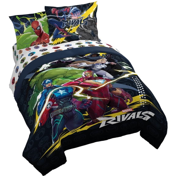 Jay Franco Kids Comforter Set Includes Sheets and Pillow Covers - Soft and Cozy Bed Set for Stylish Room Decor, Official Licensed Bedding, Multi - Marvel Rivals, 7 Piece Queen