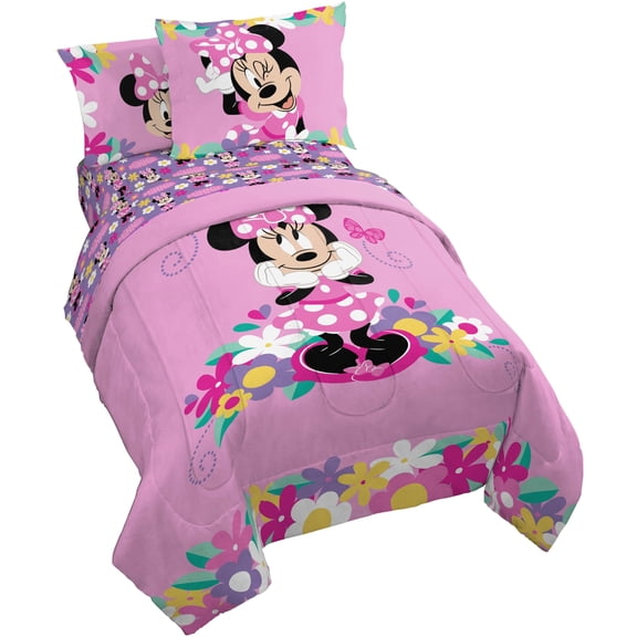 Jay Franco Kids Comforter Set Includes Sheets and Pillow Covers - Soft and Cozy Bed Set for Stylish Room Decor, Pink - Minnie Mouse 02, 5 Piece Twin Size Bedding