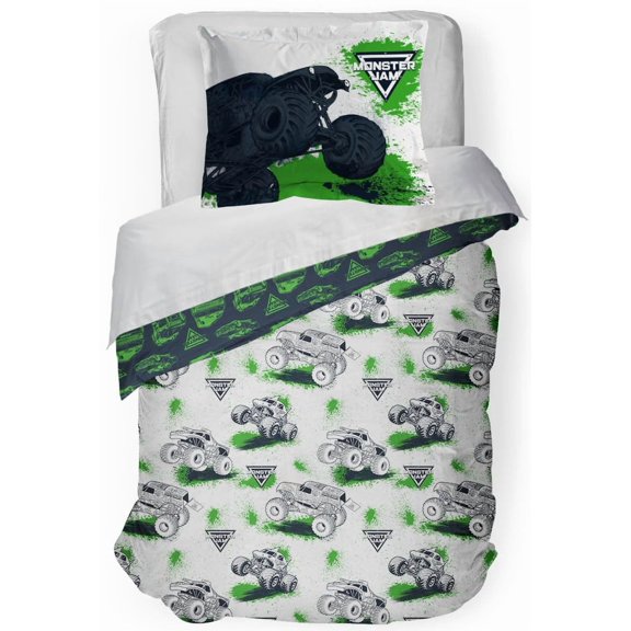 Jay Franco Kids Duvet Cover Set with Sham & Pillowcase Ultra-Soft Linen Feel Bedding for Room Decor, Cover ONLY Comforter NOT Included, Multi - Monster Jam, 2 Piece Twin