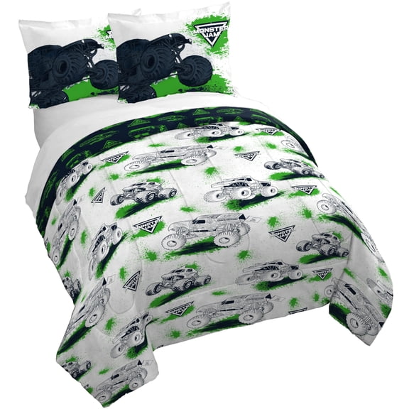 Jay Franco Kids Duvet Cover Set with Sham & Pillowcase Ultra-Soft Linen Feel Bedding for Room Decor, Cover ONLY Comforter NOT Included, Multi - Monster Jam, 3 Piece Queen