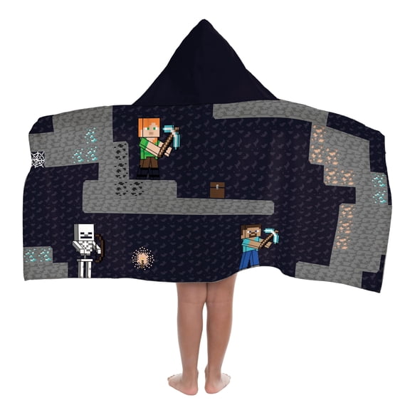 Jay Franco Kids Hooded Towel – 22" x 51" Super Soft Bath Wrap with 3D Hood, Beach, Pool & Travel, Official Licensed Product, Grey - Minecraft Steve & Alex