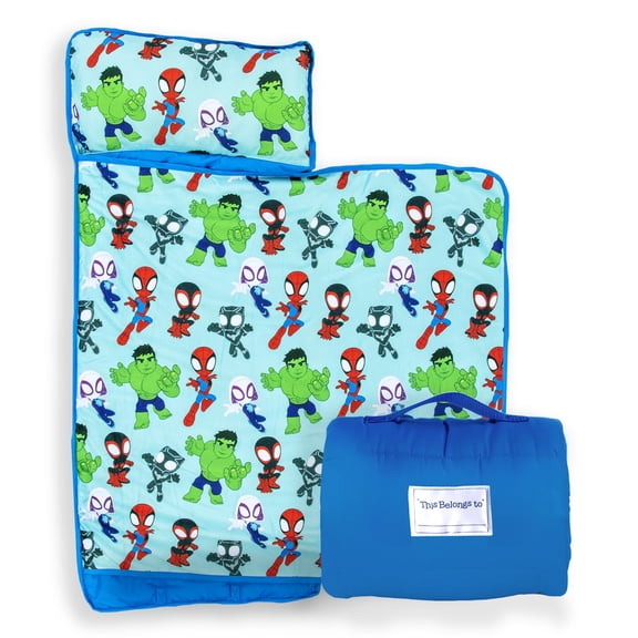 Jay Franco Kids Nap Mat Cartoon Embedded Pillow & Blanket – Soft 46"x20"Microfiber Sleeping Bag with Name Tag & Handle for School, Travel, Sleepover, Blue - Spidey & Friends