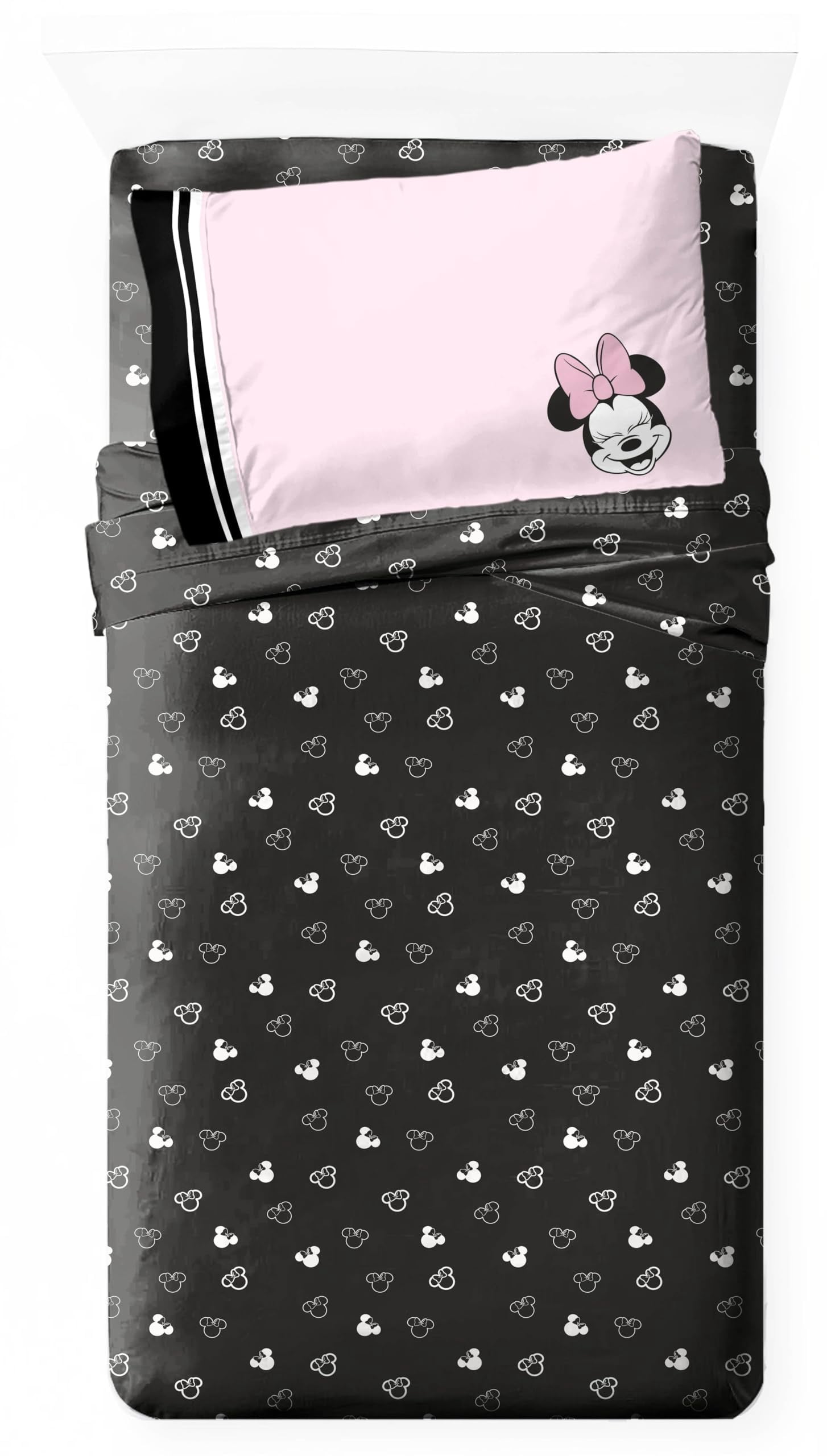 Jay Franco Kids Sheet Set with Fitted, Flat Sheets & Pillow Cover - Ultra-Soft Bedding with Pillowcase for Room Decor, Black - Minnie Mouse, 3 Piece Twin