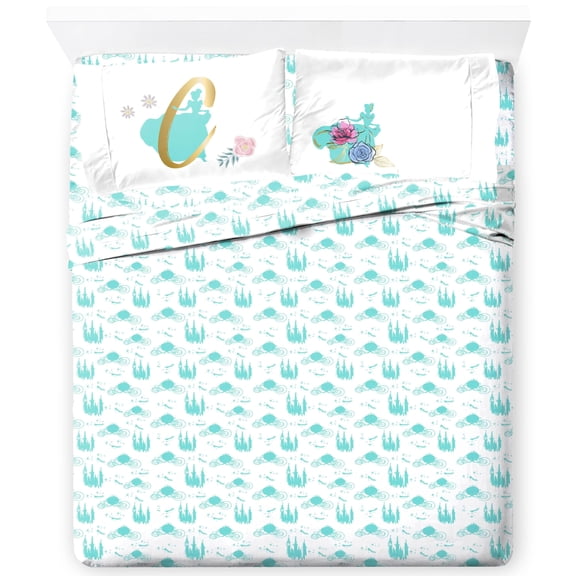 Jay Franco Kids Sheet Set with Fitted, Flat Sheets & Pillow Cover - Ultra-Soft Bedding with Pillowcase for Room Decor, Blue - Princess Cinderella, 4 Piece Queen