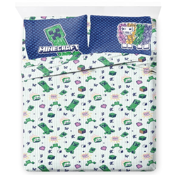 Jay Franco Kids Sheet Set with Fitted, Flat Sheets & Pillow Cover - Ultra-Soft Bedding with Pillowcase for Room Decor, Multi - Minecraft, 4 Piece Full