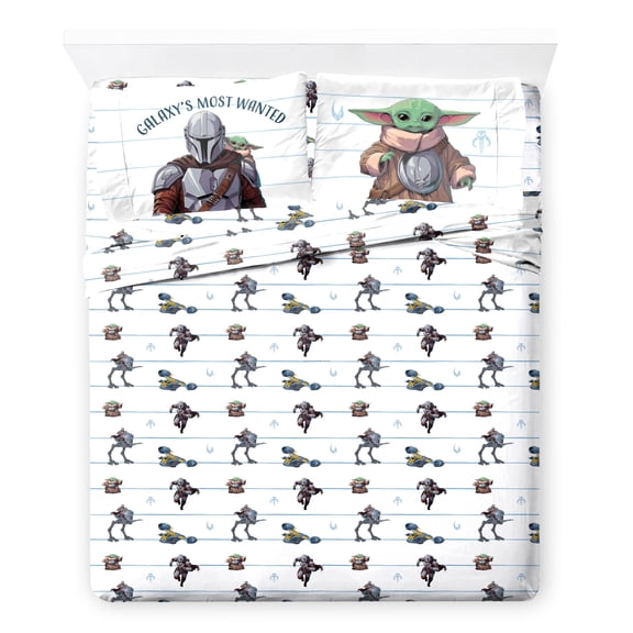 Jay Franco Kids Sheet Set with Fitted, Flat Sheets & Pillow Cover - Ultra-Soft Bedding with Pillowcase for Room Decor, White - The Mandalorian, 4 Piece Queen