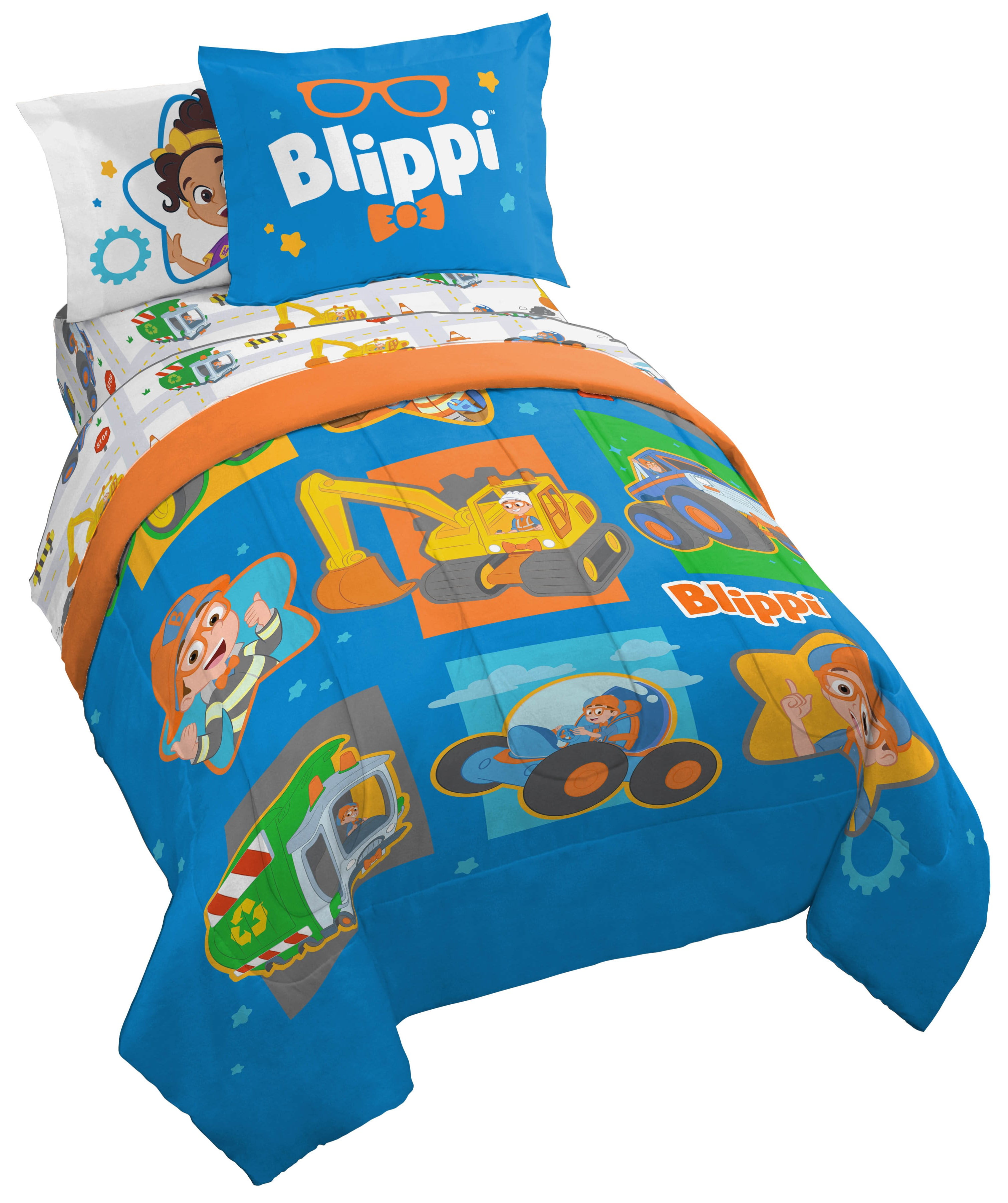 Moonbug Blippi How Does This Work Blue 7 Piece Full Bed Set with Sham, 100% Microfiber