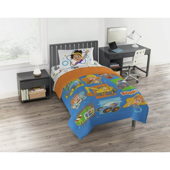 Moonbug Blippi How Does This Work Blue 4 Piece Toddler Bed Set with Sham, 100% Microfiber