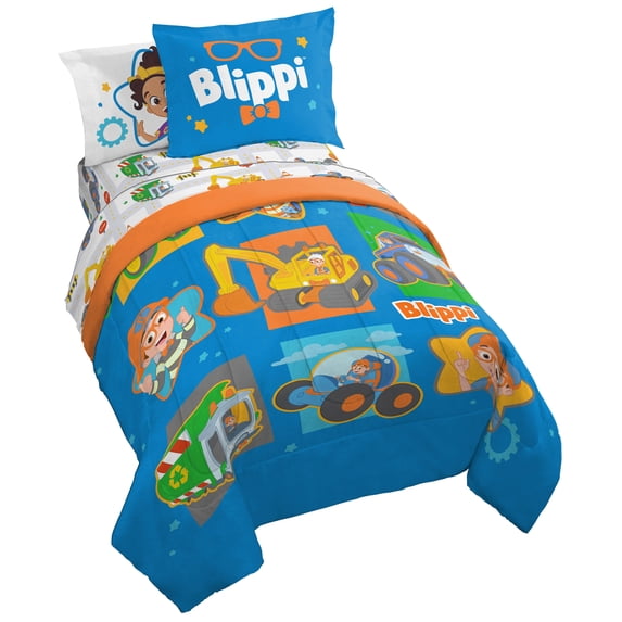Moonbug Blippi How Does This Work Blue 5 Piece Twin Bed Set with Sham, 100% Microfiber
