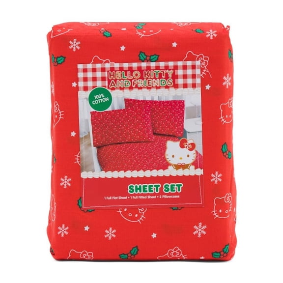 Jay Franco & Sons, Inc. Hello Kitty Christmas Cotton Sheet Set Red - White Kitty Faces, Snowflakes, Holly, Queen