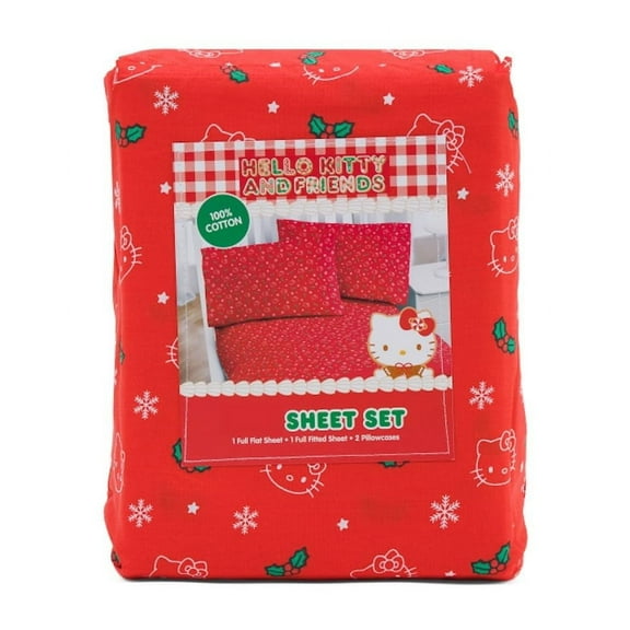Jay Franco & Sons, Inc. Hello Kitty Christmas Cotton Sheet Set Red - White Kitty Faces, Snowflakes, Holly, Queen