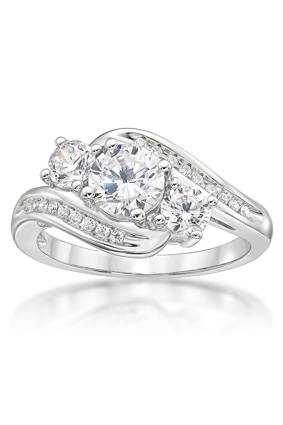 Jay Heart Designs 925 Sterling Silver 3 Stone Bypass Simulated White Diamond Ring