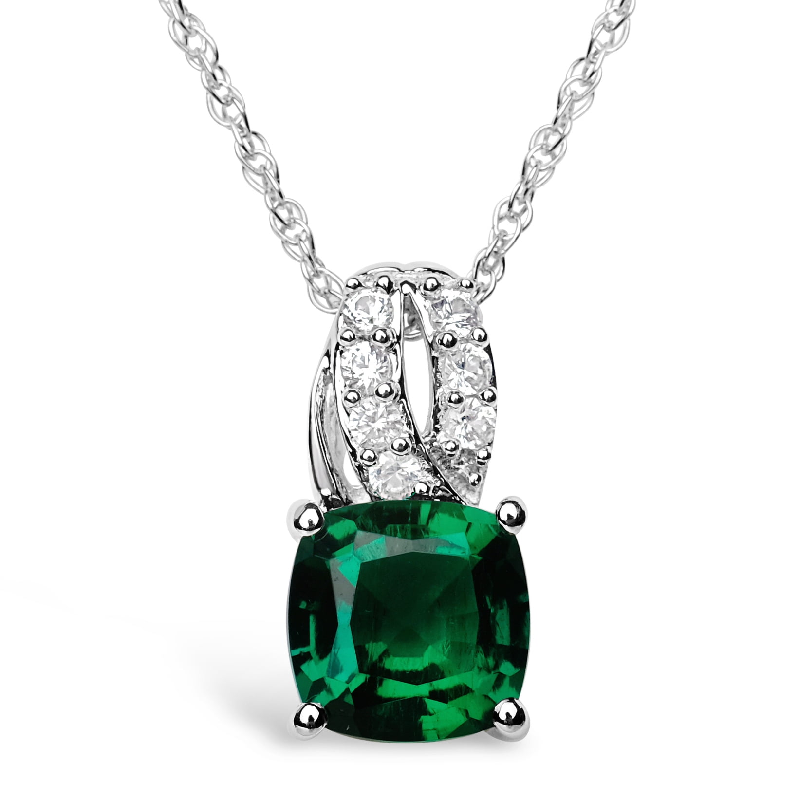 Jay Heart Designs 925 Sterling Silver Created Emerald and Created White Sapphire Pendant with 18" Chain
