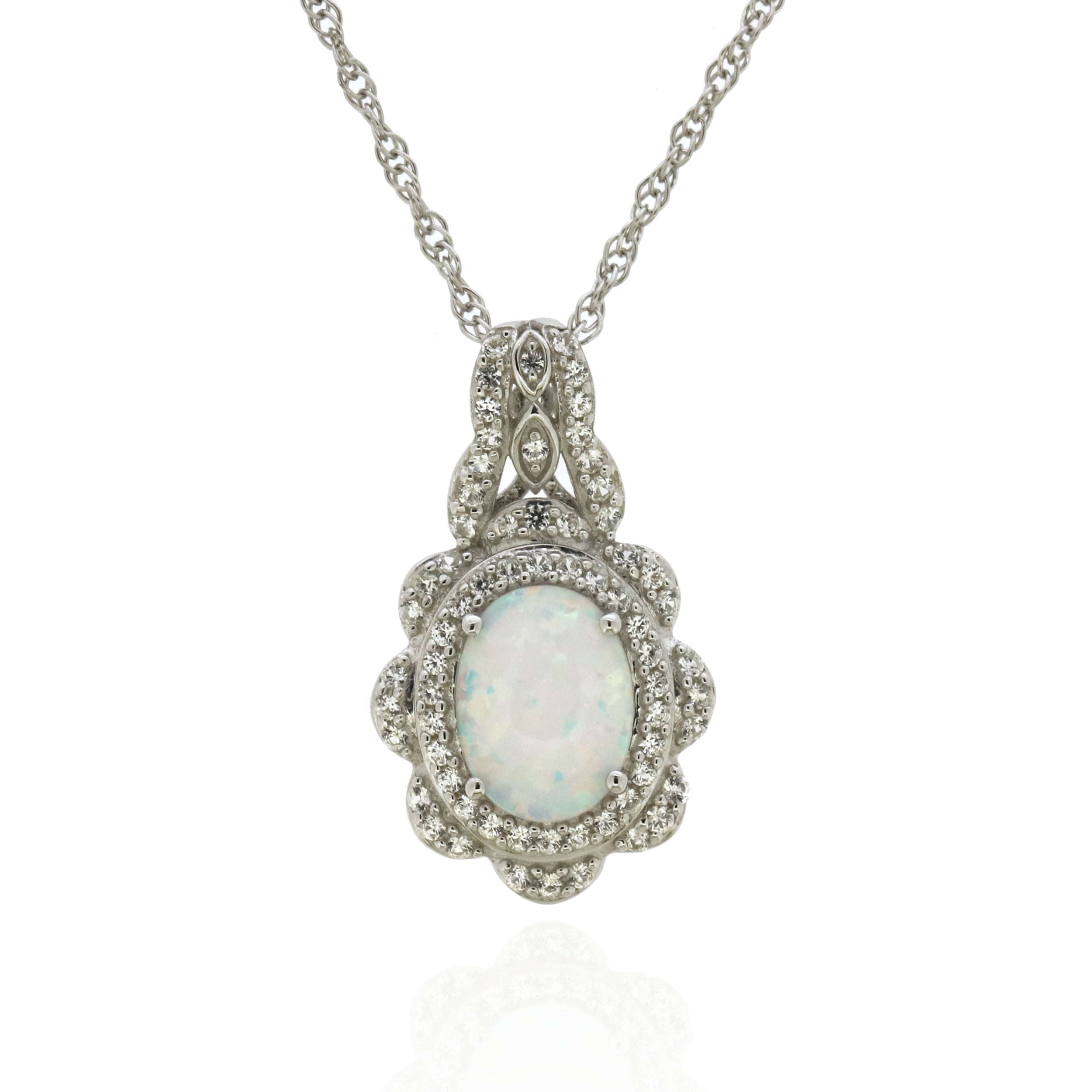 Jay Heart Designs 925 Sterling Silver Created Opal and Created White Sapphire Pendant with 18" Chain