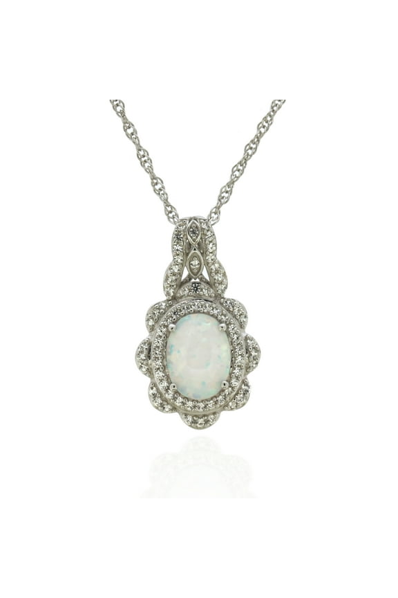 925 Sterling Silver Created Opal and Created White Sapphire Pendant with 18" Chain