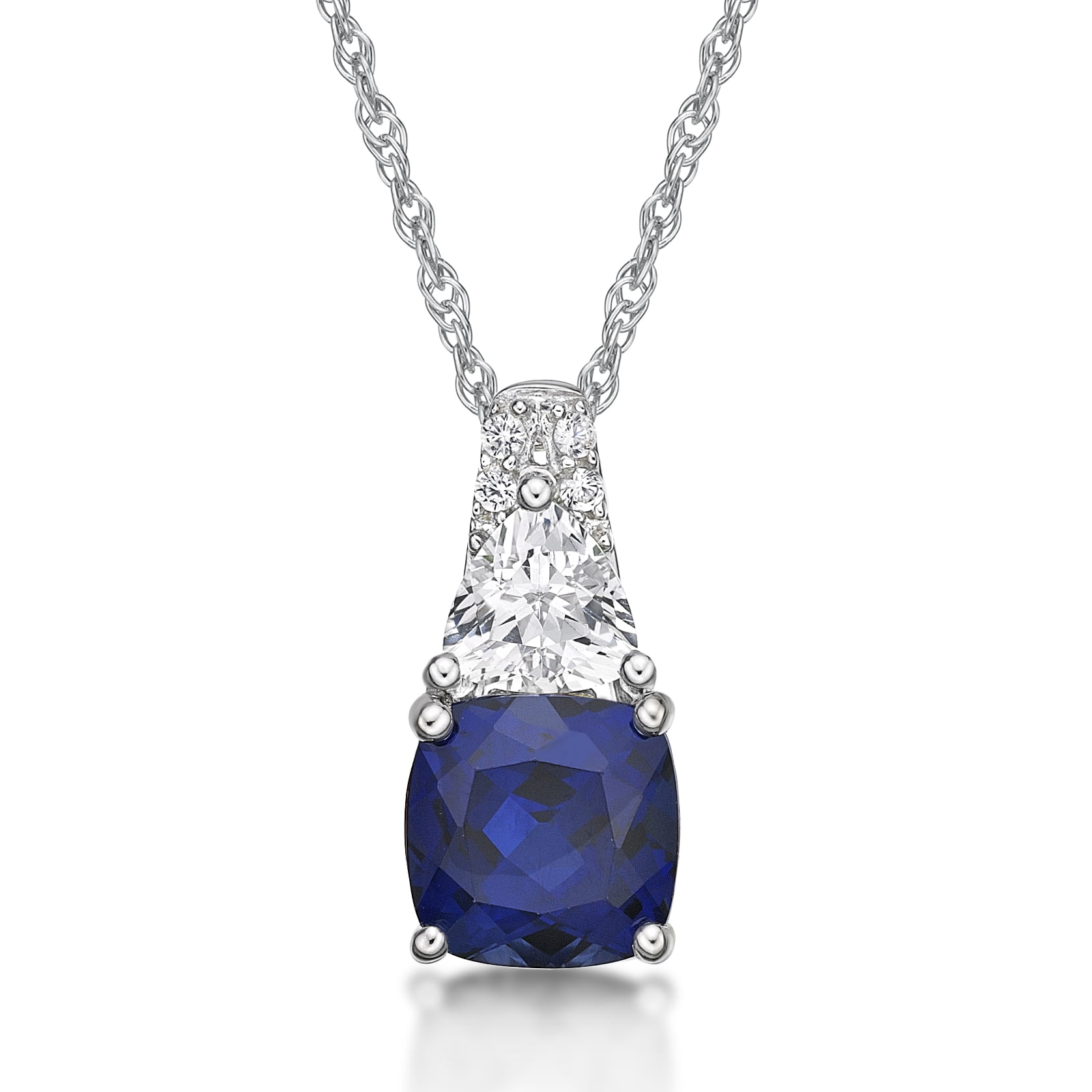 Jay Heart Designs 925 Sterling Silver Created Sapphire and Created White Sapphire Pendant with 18" Chain