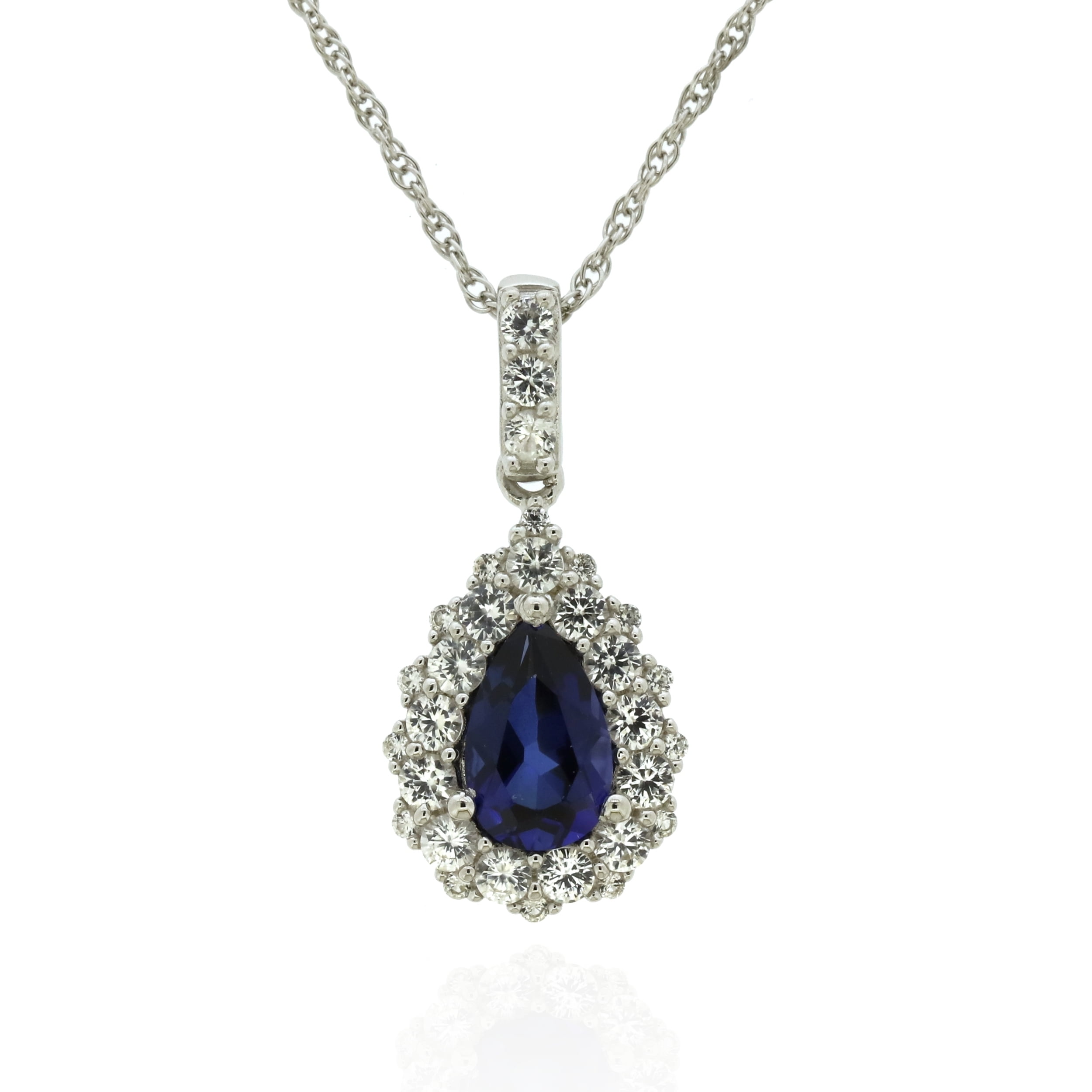 Jay Heart Designs 925 Sterling Silver Created Sapphire and Created White Sapphire Pendant with 18" Chain