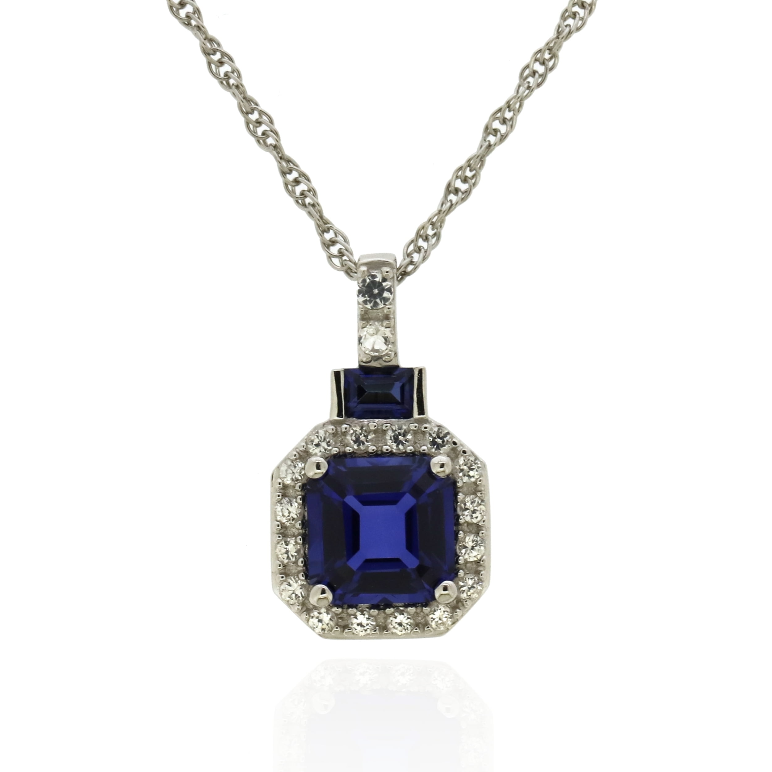 Jay Heart Designs 925 Sterling Silver Created Sapphire and Created White Sapphire Pendant with 18" Chain