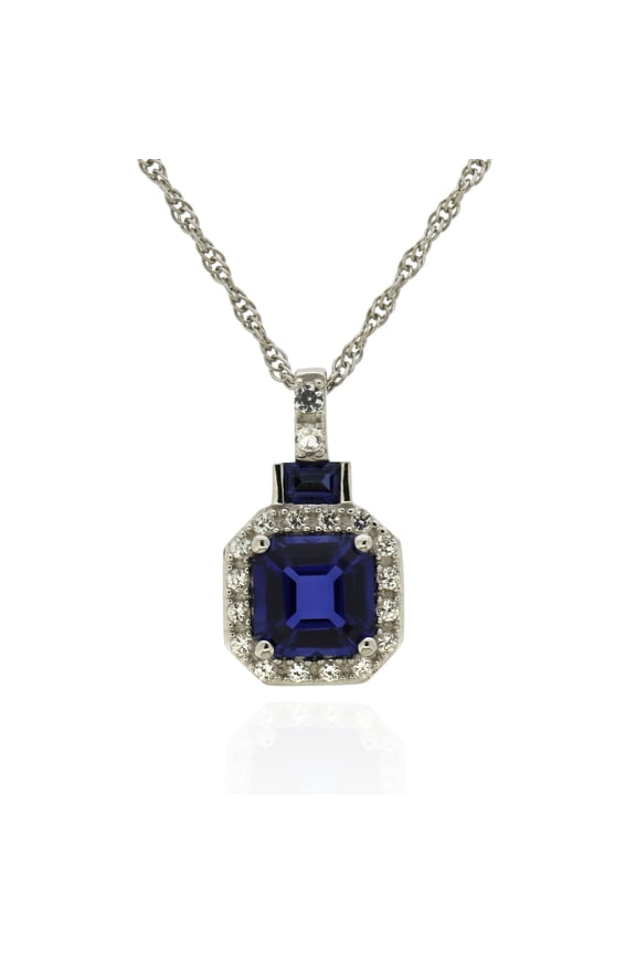 925 Sterling Silver Created Sapphire and Created White Sapphire Pendant with 18" Chain