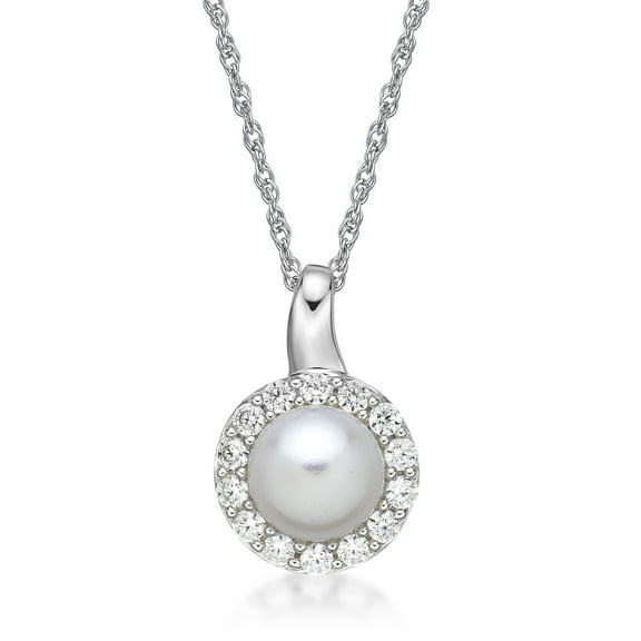 Jay Heart Designs 925 Sterling Silver Cultured Fresh Water Pearl with Simulated White Diamond accent Pendant, 18" Chain
