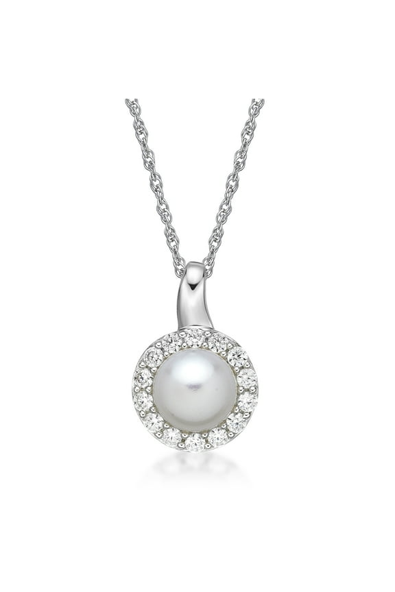 Jay Heart Designs 925 Sterling Silver Cultured Fresh Water Pearl with Simulated White Diamond accent Pendant, 18" Chain