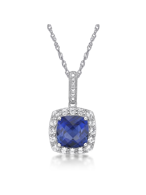 Jay Heart Designs 925 Sterling Silver Cushion-Cut Lab Created Blue and White Sapphire Pendant, 18" Chain
