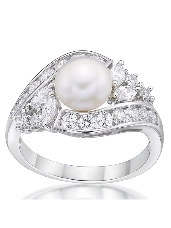 Jay Heart Designs 925 Sterling Silver Fancy Freshwater Pearl with Simulated White Diamond accent Ring