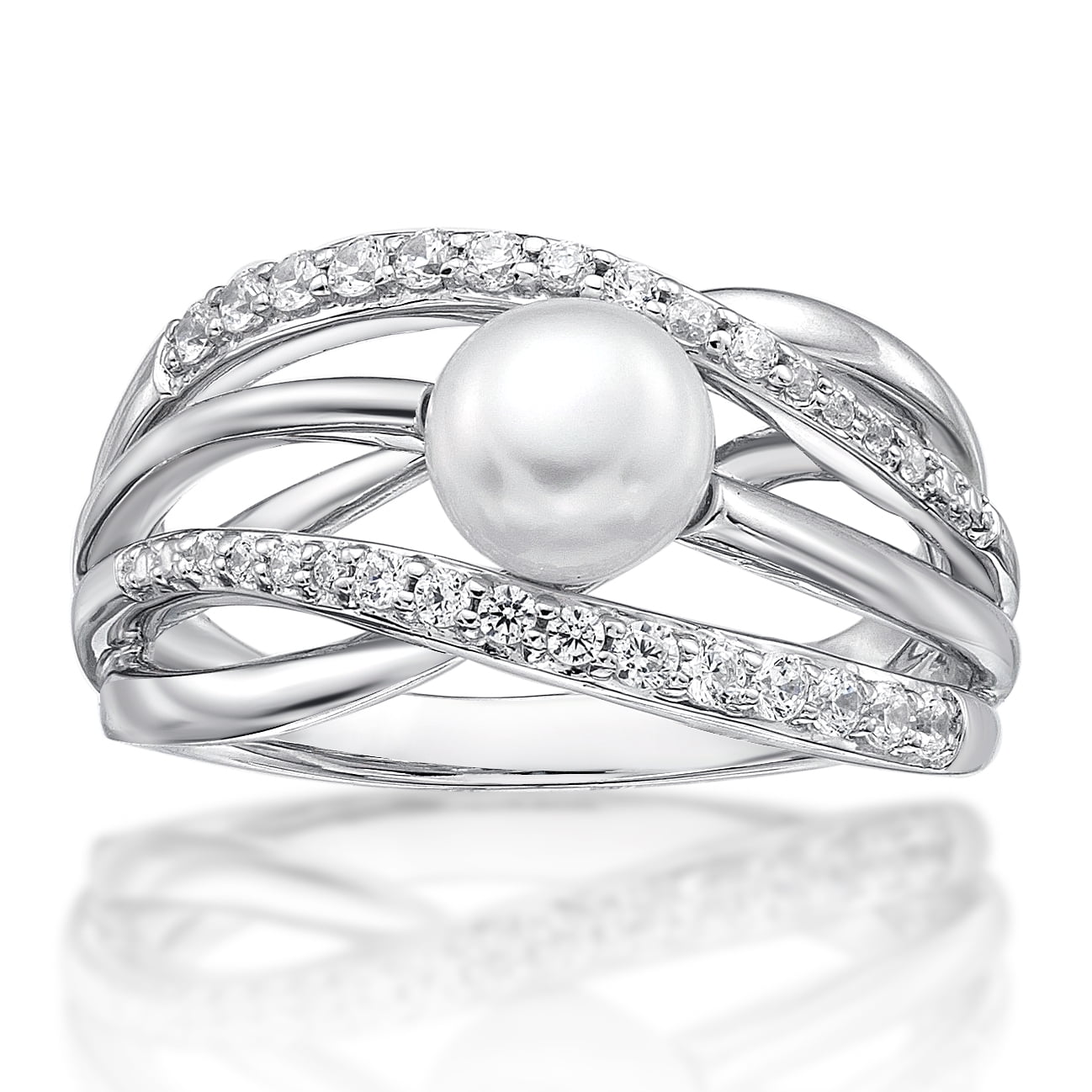 Jay Heart Designs 925 Sterling Silver Freshwater Pearl with Simulated White Diamond Criss Cross Ring